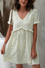 S-2Xl Plus Size Summer New Stylish 3 Colors Inelastic Batch Printing V-Neck Frill Crimped Loose Casual Mini Dress