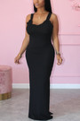 S-2Xl Plus Size Summer New Stylish 3 Colors Solid Color Stretch Sling Frill Crimped Split Casual Maxi Dress