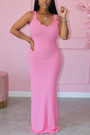 S-2Xl Plus Size Summer New Stylish 3 Colors Solid Color Stretch Sling Frill Crimped Split Casual Maxi Dress