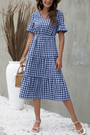 S-2Xl Plus Size Summer New Stylish 4Colors Plaid Printing Inelastic Short Sleeves Casual Midi Dress