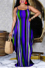 S-2Xl Plus Size Summer New Stylish 5 Colors Stretch Stripe Printing Sling Pocket Loose Casual Maxi Dress