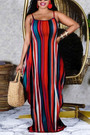 S-2Xl Plus Size Summer New Stylish 5 Colors Stretch Stripe Printing Sling Pocket Loose Casual Maxi Dress