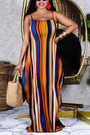 S-2Xl Plus Size Summer New Stylish 5 Colors Stretch Stripe Printing Sling Pocket Loose Casual Maxi Dress