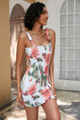 S-2Xl Plus Size Summer New Stylish Chrysanthemum Printing Stretch Frill Crimped Shirring Sling Lace-Up Backless Slim Sexy Mini Dress