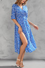 S-2Xl Plus Size Summer New Stylish Floral Batch Printing Inelastic V-Neck Elbow Sleeves Split Casual Midi Dress