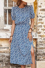 S-2Xl Plus Size Summer New Stylish Floral Printing Micro Elastic Crew Neck Split Button Casual Midi Dress