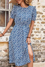 S-2Xl Plus Size Summer New Stylish Floral Printing Micro Elastic Crew Neck Split Button Casual Midi Dress