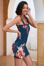 S-2Xl Plus Size Summer New Stylish Flower Printing Stretch Frill Crimped Shirring Sling Lace-Up Backless Slim Sexy Mini Dress