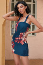 S-2Xl Plus Size Summer New Stylish Flower Printing Stretch Frill Crimped Shirring Sling Lace-Up Backless Slim Sexy Mini Dress
