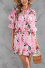 S-2Xl Plus Size Summer New Stylish Inelastic Elbow Sleeves Leaf & Flower Printing Single-Breasted Casual Mini Dress