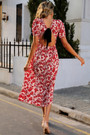S-2Xl Plus Size Summer New Stylish Inelastic Floral Batch Printing Hollow Lace-Up Backless Sexy Midi Dress