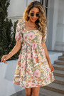 S-2Xl Plus Size Summer New Stylish Inelastic Floral Batch Printing Square Neckline Bow Lace-Up Hollow Backless Sexy Mini Dress