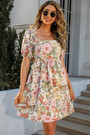 S-2Xl Plus Size Summer New Stylish Inelastic Floral Batch Printing Square Neckline Bow Lace-Up Hollow Backless Sexy Mini Dress