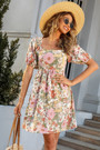 S-2Xl Plus Size Summer New Stylish Inelastic Floral Batch Printing Square Neckline Bow Lace-Up Hollow Backless Sexy Mini Dress
