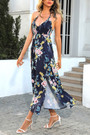S-2Xl Plus Size Summer New Stylish Inelastic Flower Printing Halter-Neck Lace-Up Backless Split Sexy Midi Dress