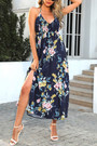 S-2Xl Plus Size Summer New Stylish Inelastic Flower Printing Halter-Neck Lace-Up Backless Split Sexy Midi Dress