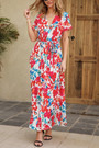 S-2Xl Plus Size Summer New Stylish Inelastic Leaf & Flower Printing V-Neck With Belt Split Casual Maxi Dress