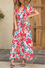 S-2Xl Plus Size Summer New Stylish Inelastic Leaf & Flower Printing V-Neck With Belt Split Casual Maxi Dress