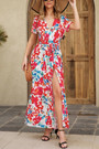 S-2Xl Plus Size Summer New Stylish Inelastic Leaf & Flower Printing V-Neck With Belt Split Casual Maxi Dress