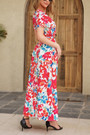 S-2Xl Plus Size Summer New Stylish Inelastic Leaf & Flower Printing V-Neck With Belt Split Casual Maxi Dress