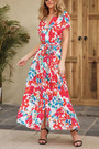 S-2Xl Plus Size Summer New Stylish Inelastic Leaf & Flower Printing V-Neck With Belt Split Casual Maxi Dress