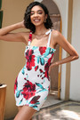 S-2Xl Plus Size Summer New Stylish Leaf & Flower Printing Stretch Shirring Frill Crimped Sling Lace-Up Backless Slim Sexy Mini Dress
