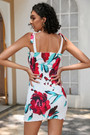 S-2Xl Plus Size Summer New Stylish Leaf & Flower Printing Stretch Shirring Frill Crimped Sling Lace-Up Backless Slim Sexy Mini Dress