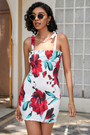 S-2Xl Plus Size Summer New Stylish Leaf & Flower Printing Stretch Shirring Frill Crimped Sling Lace-Up Backless Slim Sexy Mini Dress