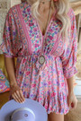 S-2Xl Plus Size Summer New Stylish Micro Elastic Floral Batch Printing V-Neck Lace-Up Casual Mini Dress
