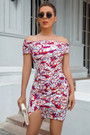 S-2Xl Plus Size Summer New Stylish Micro Elastic Flower Batch Printing Off-The-Shoulder Split Slim Sexy Mini Dress