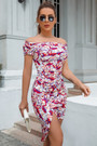 S-2Xl Plus Size Summer New Stylish Micro Elastic Flower Batch Printing Off-The-Shoulder Split Slim Sexy Mini Dress