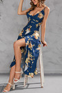 S-2Xl Plus Size Summer New Stylish Micro Elastic Flower Batch Printing Ruffle Sling Backless Lace-Up Zip-Up Split Sexy Midi Dress