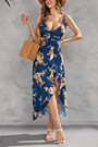 S-2Xl Plus Size Summer New Stylish Micro Elastic Flower Batch Printing Ruffle Sling Backless Lace-Up Zip-Up Split Sexy Midi Dress
