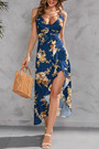 S-2Xl Plus Size Summer New Stylish Micro Elastic Flower Batch Printing Ruffle Sling Backless Lace-Up Zip-Up Split Sexy Midi Dress