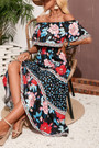 S-2Xl Plus Size Summer New Stylish Stretch Flower Batch Printing Off-The-Shoulder Ruffle Casual Maxi Dress