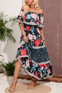 S-2Xl Plus Size Summer New Stylish Stretch Flower Batch Printing Off-The-Shoulder Ruffle Casual Maxi Dress