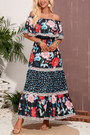 S-2Xl Plus Size Summer New Stylish Stretch Flower Batch Printing Off-The-Shoulder Ruffle Casual Maxi Dress