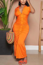 S-2Xl Plus Size Summer New Stylish Three Colors Lapel V-Neck Solid Color Button Shirring Stretch Slim Slit Casual Maxi Dress