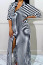 S-2Xl Plus Size Summer New Stylish Two Colors Striped Printing Lapel Short Sleeve With Pocket Button Casual Maxi Dress