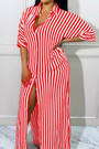 S-2Xl Plus Size Summer New Stylish Two Colors Striped Printing Lapel Short Sleeve With Pocket Button Casual Maxi Dress