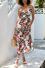 S-2Xl Summer New Floral Batch Printing Micro-Elastic Swing Bohemian Spaghetti String Midi Dress