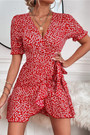 S-2Xl Summer New Plus Size 3 Colors Floral Printing Inelastic V-Neck Tie-Waist Ruffle Stylish Vacation Style Mini Dress