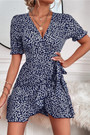 S-2Xl Summer New Plus Size 3 Colors Floral Printing Inelastic V-Neck Tie-Waist Ruffle Stylish Vacation Style Mini Dress