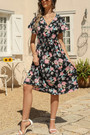 S-2Xl Summer New Plus Size 4 Colors Flower Batch Printing Inelastic Chiffon V-Neck Stylish Vacation Style Midi Dress With Belt
