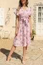 S-2Xl Summer New Plus Size 4 Colors Flower Batch Printing Inelastic Chiffon V-Neck Stylish Vacation Style Midi Dress With Belt