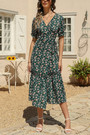 S-2Xl Summer New Plus Size 4 Colors Flower Batch Printing Inelastic Chiffon V-Neck Tie-Waist Stylish Vacation Bohemia Style Midi Dress