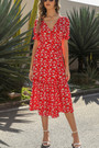 S-2Xl Summer New Plus Size 4 Colors Flower Batch Printing Inelastic Chiffon V-Neck Tie-Waist Stylish Vacation Bohemia Style Midi Dress