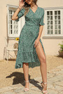 S-2Xl Summer New Plus Size 5 Colors Floral Printing Inelastic Chiffon V-Neck High Slit Stylish Vacation Style Midi Dress