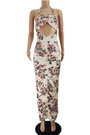 S-2Xl Summer New Plus Size Allover Flower Batch Printing Stretch Halter-Neck Lace-Up Hollow Shirring Sexy Bodycon Maxi Dress