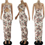 S-2Xl Summer New Plus Size Allover Flower Batch Printing Stretch Halter-Neck Lace-Up Hollow Shirring Sexy Bodycon Maxi Dress